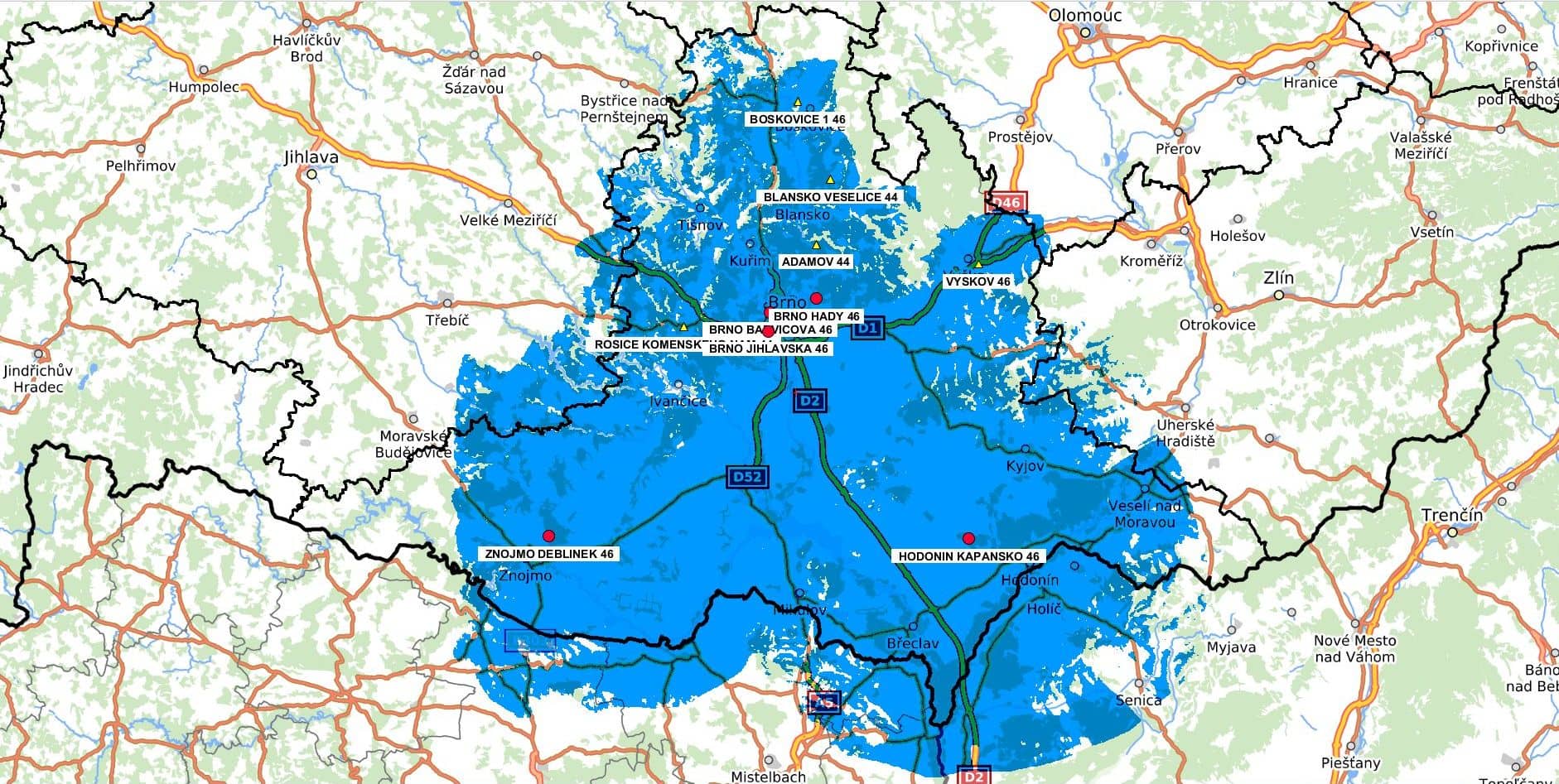 Mapa pokrytí TV BRNO 1 v DVB-T2 na kanále 46
